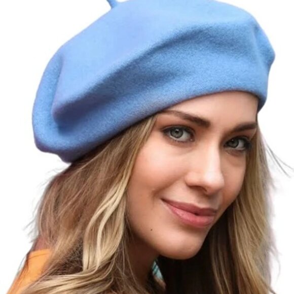Sky Blue Wool Beret: French Style Knit Hat - OS - Picture 1 of 7
